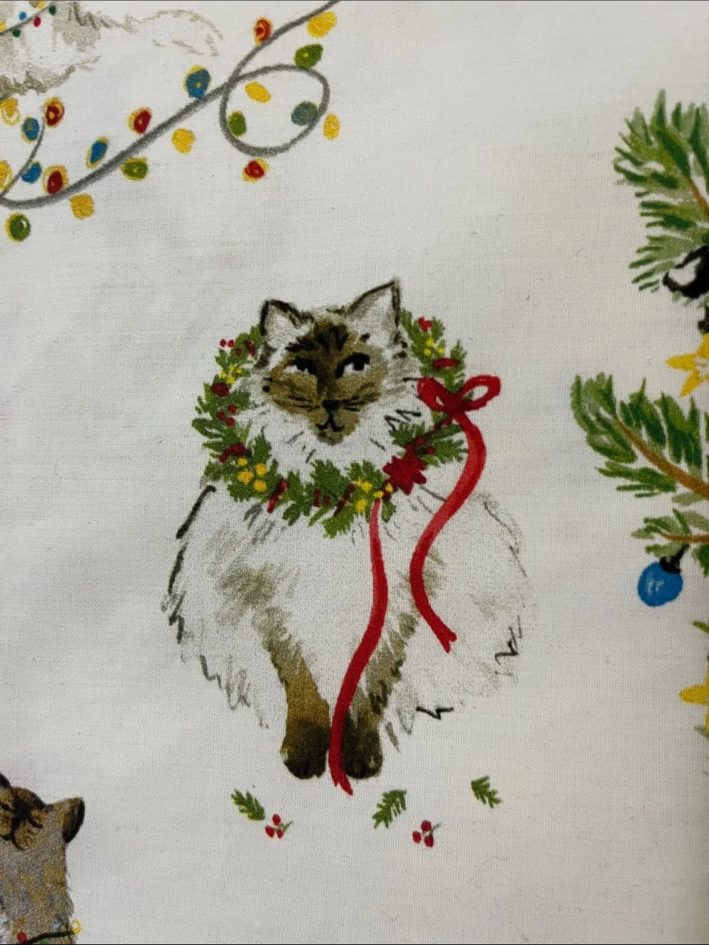 Pottery Barn Holiday Cat & Tree Print 100% organic cotton Queen pillow case sham